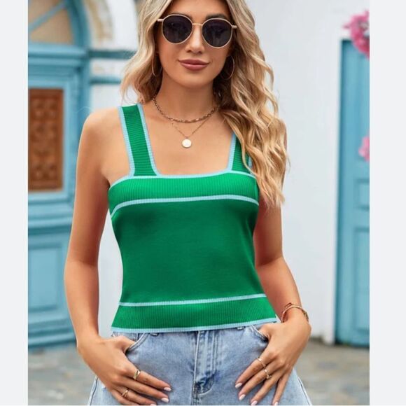 Dokotoo Green Light Blue Edge Sleeveless Knit Preppy Sweater Tank NEW - Picture 1 of 16